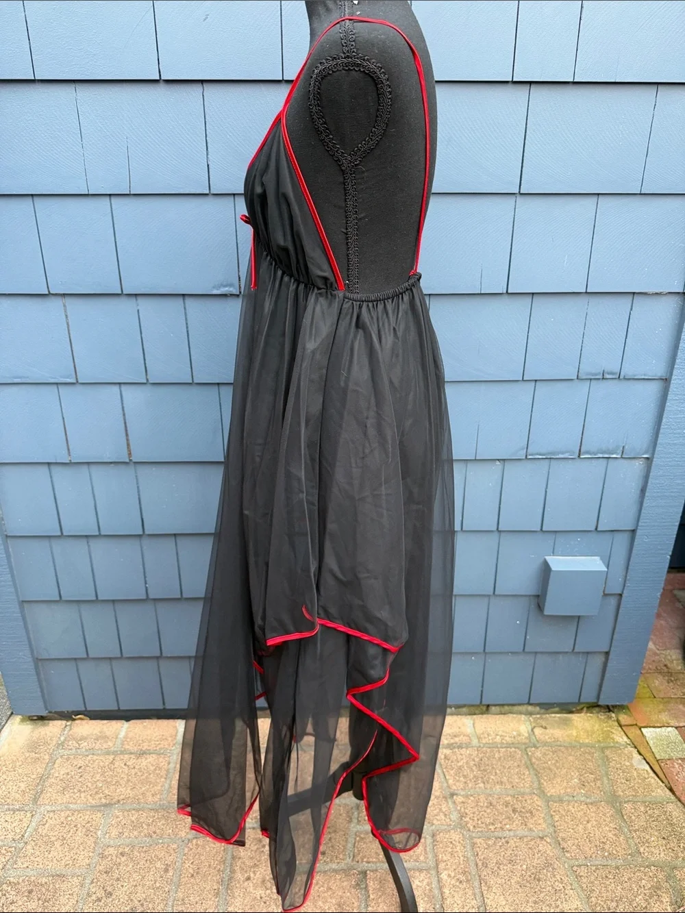 Jill Andrea of New York Vintage Black Mesh Handkerchief Hem Dress with Red Trim